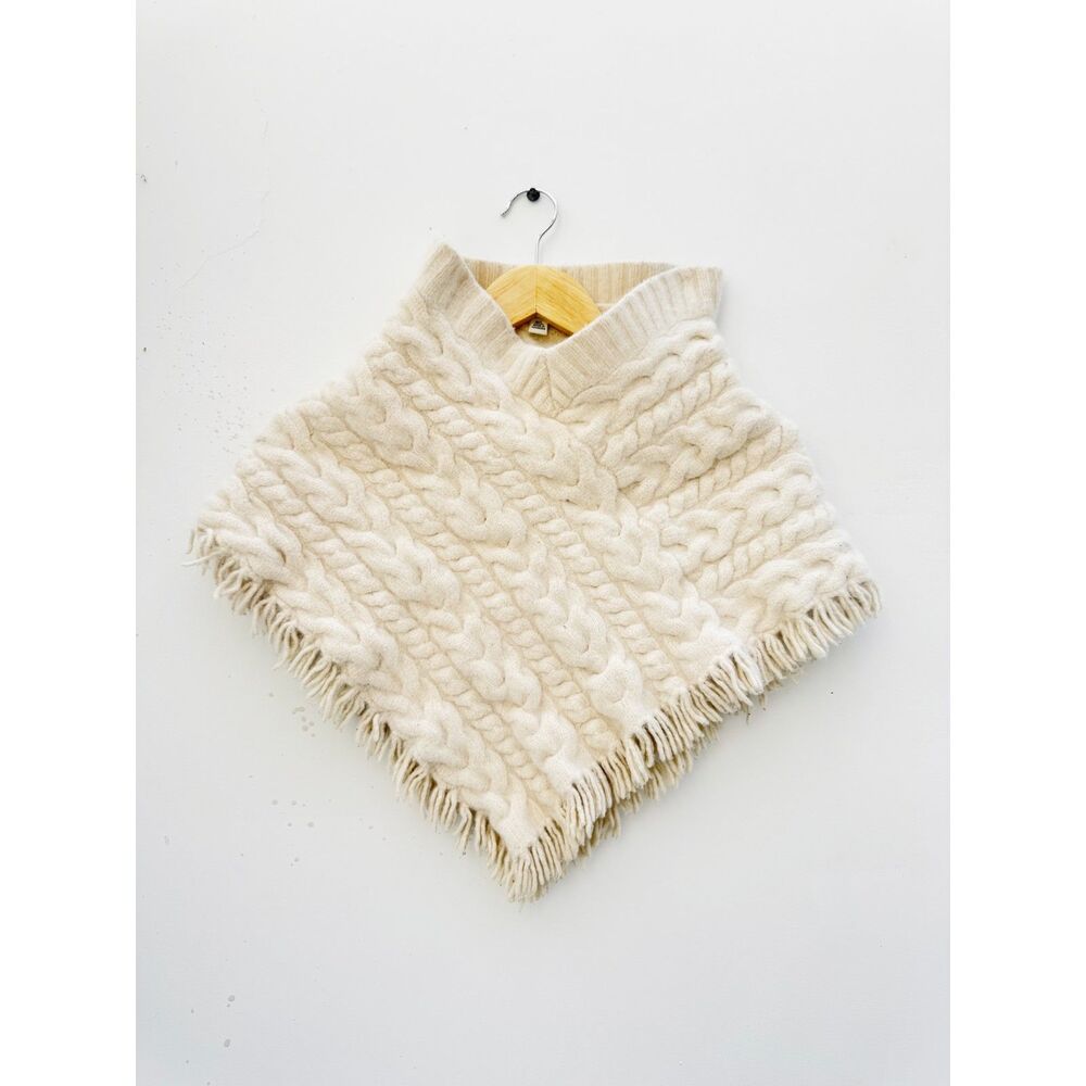 Banana Republic Lambswool Angora Cable Knit Fringe Poncho Cape Cream M/L